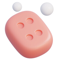 Rose colored soap form with a quartet of divots hovers between two levitating white bubbles