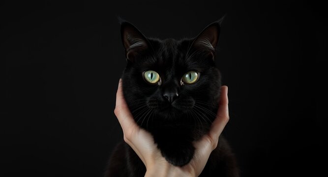 Close up of a black cats face being gently held by a hand, with striking green eyes and dark background
