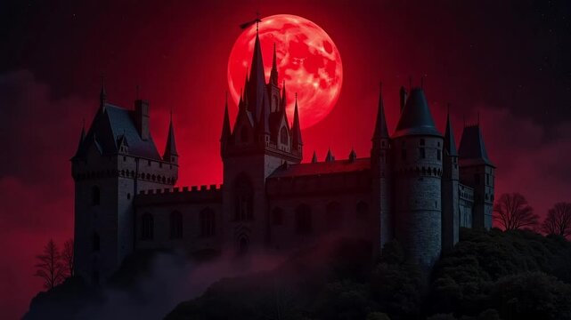 Eerie castle towers silhouetted against a dramatic blood moon, perfect for fantasy horror tales and gothic romance scenes, with a chilling, mysterious atmosphere