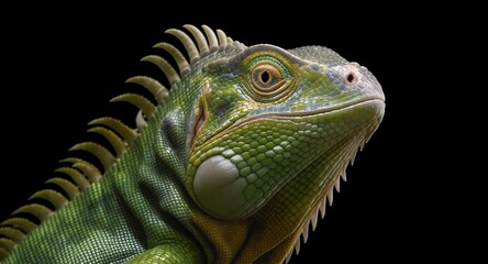 Fototapeta premium Close-up of a Green Reptiles Scaly Head and Crest Against a Black Background