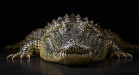 Fototapeta premium Close-up of an Alligators Face, Reptile Portrait, Wild Animal, Dangerous Predator, Textured Scales, Yellow Eyes, Sharp Teeth