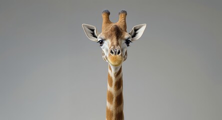 Close-up portrait of a giraffes face and neck, showing intricate details of its patterned fur and expressive eyes against a plain grey background. This wildlife imagery captures the unique beauty