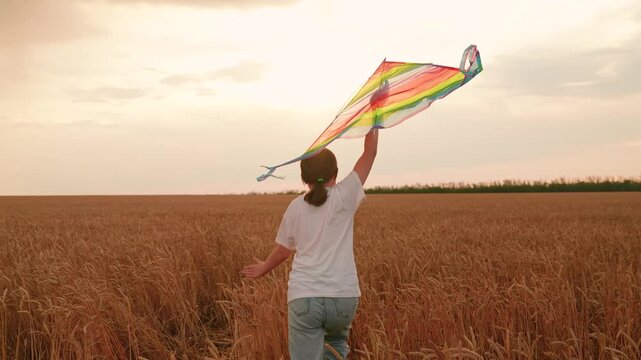 Cheerful girl running with beautiful kite in nature. Girl launching kite on wheat field in cloudy sky. Child playing in nature in countryside. Girl running playing with kite in sky carefree childhood