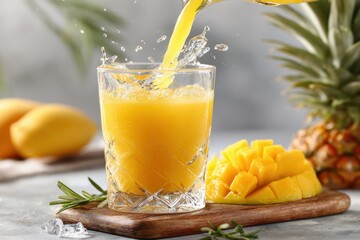 A refreshing glass is filled with fruit juice, resulting in a dynamic splash. The drink complements the fresh fruit in the background.