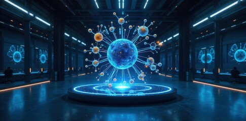 Holographic interface displaying complex molecular structures in a clean, minimalist room. A holographic interface with glowing blue and white complex molecular structures, suspended in a clean,