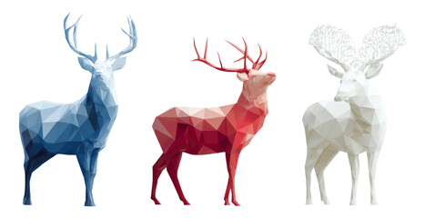 Three Geometric Deer Figures in Red, Blue, and White on a Transparent Background