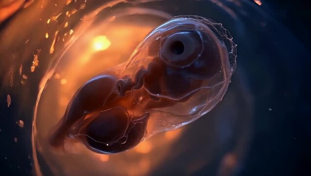 Futuristic glowing embryo in translucent membrane, cinematic biological concept art in space environment