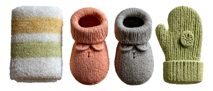 Cozy Knit Accessories for Babies and Soft Bath Towel on Transparent Background