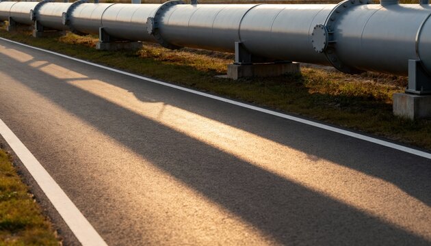 Medium shot showcasing smooth paved access road alongside a pipeline highlighting modern infrastructure facilitating safe and efficient transport of materials.