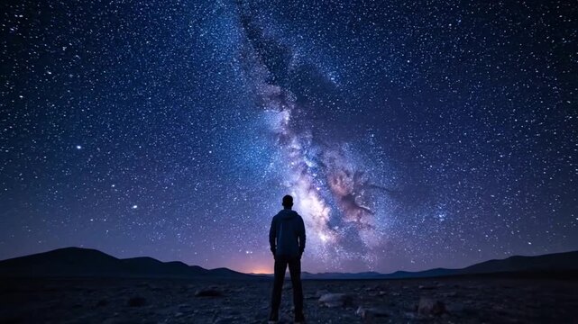 A lone figure stands in awe under the vast starfilled night sky gazing at the luminous Milky Way galaxy stretching across the heavens a moment of profound cosmic connection and wonder.