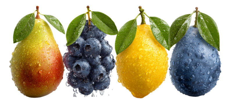 Fresh and Juicy Fruits with Water Droplets on Isolated Transparent Background