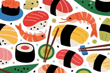 Fototapeta premium Vector illustration seamless pattern collection of cute cartoon sushi and fish food design