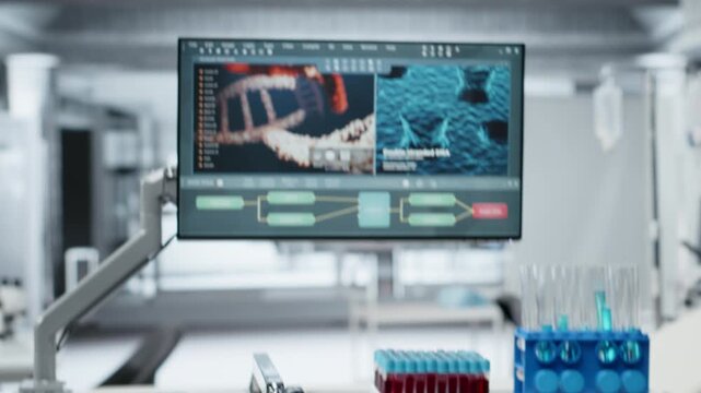 Research facility laboratory remaining empty after experiment, filled with computer monitors and test tubes representing clinical development and medical research breakthroughs.