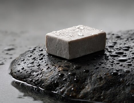 A gray rectangular bar of soap, glistening with water droplets, rests atop a dark, smooth, wet stone, partially submerged in shallow water.  The scene is minimalist and serene