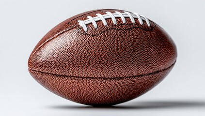 A brown leather American football with white laces is shown angled slightly on a plain white background.  The texture of the leather is clearly visible