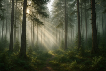 Naklejka premium A breathtaking view of a foggy pine forest at sunrise. The soft golden light filters through the mist, creating a tranquil and dreamlike atmosphere in the natural landscape.