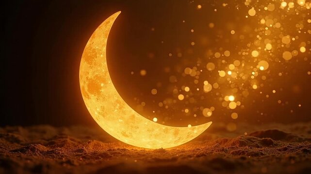 Mystical crescent moon glowing with golden light and magical bokeh, perfect for Ramadan greetings, spiritual themes, and dreamy nightscapes