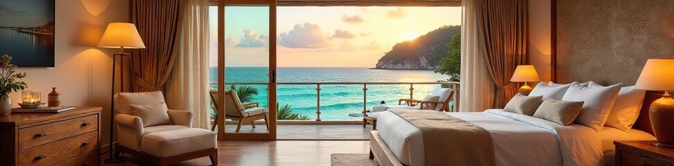 Fototapeta premium Luxurious Honeymoon Suite with Private Balcony and Breathtaking Ocean Sunset Views
