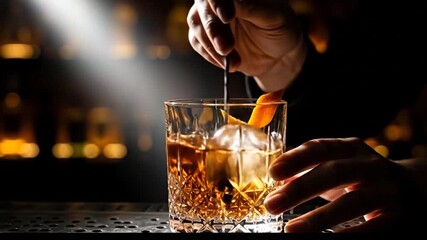 Bartender skillfully preparing a classic Old Fashioned cocktail in a dimly lit bar. - Powered by Adobe