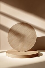 A circular wooden disc rests atop a larger, similar cylindrical base against a beige backdrop, illuminated by soft, sunlit stripes