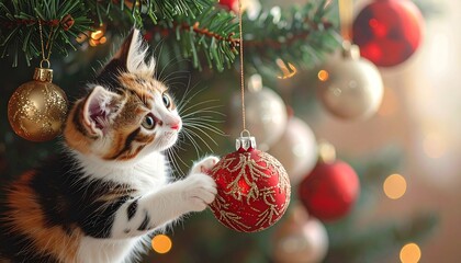 Obraz premium Small, tricolor kittens playing with Christmas balls hanging on a Christmas tree with a background of Christmas decorations