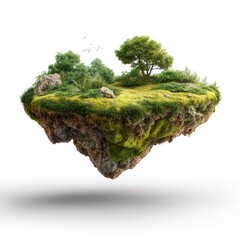 A lush, verdant island floats on a white background, showcasing varied vegetation, rocks, and moss, casting a subtle shadow