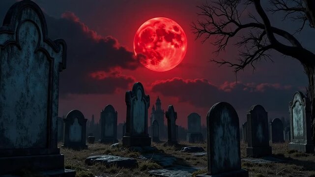 Eerie graveyard scene at night with gravestones under a dramatic red full moon, perfect for Halloween horror projects and spooky season promotions