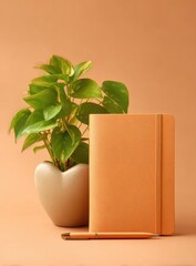 A peach-toned notebook rests beside a pen and a heart-shaped pot containing a vibrant green plant against a muted peach background.  The scene is minimalist and clean