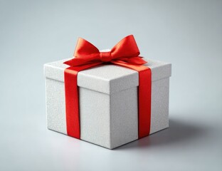 A pristine white square gift box, subtly textured, adorned with a vibrant red ribbon tied in a classic bow, sits on a light grey background, casting a slight shadow