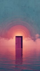 A purple door stands in shallow, calm water, bathed in a surreal, sunset-hued, cloud-filled archway.  Mysterious and dreamlike
