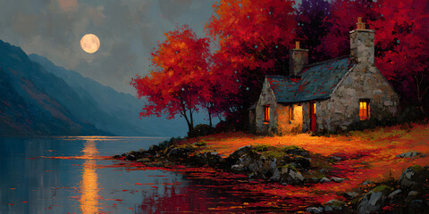 Serene Lakeside Cottage: A tranquil cottage is nestled on the serene shores of a calm lake under the gentle moonlight. Embracing the essence of seclusion and serenity.