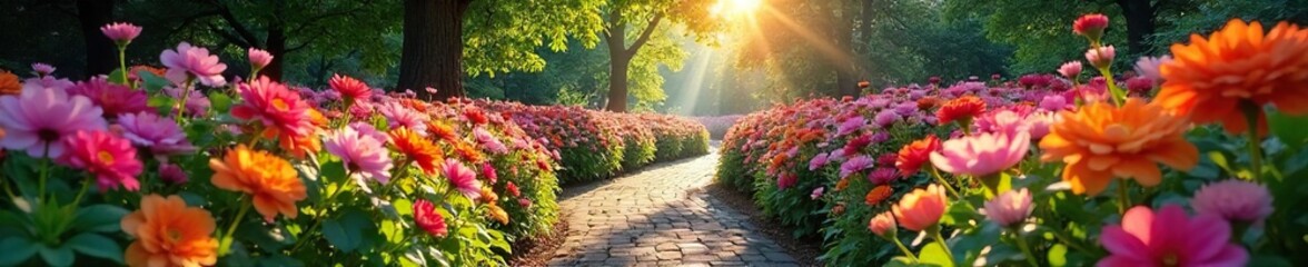 Sunlit Garden Path Vibrant Flowers Lead to a Lush, Mysterious Destination