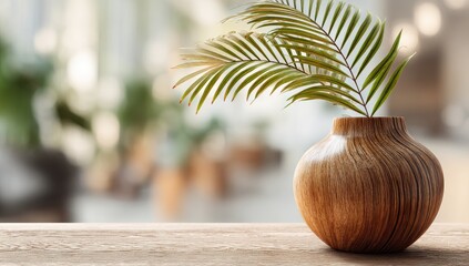 A single palm frond rests in a round, light brown wooden vase on a light wood surface against a blurred indoor background