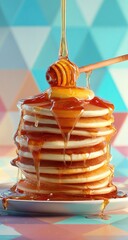 A tall stack of pancakes drizzled with honey from a honey dipper against a pastel geometric background