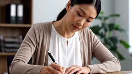 Focused Asian woman writing notes in a notebook at her desk studying or working from home. - Powered by Adobe