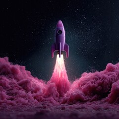 A vibrant purple rocket ascends through a swirling mass of pink clouds against a dark, starry night sky, its fiery trail illuminating the scene