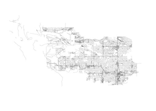 Minimalist monochrome map of Arvada showing highway & road networks with urban density &mdash; ideal for urban planning, design mockups, or geographic visualization.
