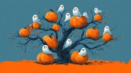 Halloween pumpkins, ghost birds, ghost tree, funny faces, t-shirt design