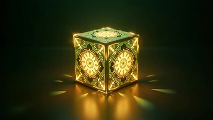 Captivating illuminated cube lantern projects intricate floral light patterns, creating a magical and serene ambiance perfect for cozy interiors or meditative spaces. - Powered by Adobe