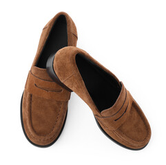 Pair of stylish brown shoes isolated on white, top view