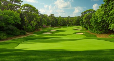 Fototapeta premium A Lush Green Golf Course with Sand Traps and Mature Trees on a Sunny Day