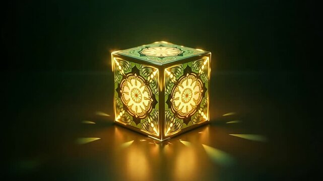 Captivating illuminated cube lantern projects intricate floral light patterns, creating a magical and serene ambiance perfect for cozy interiors or meditative spaces.
