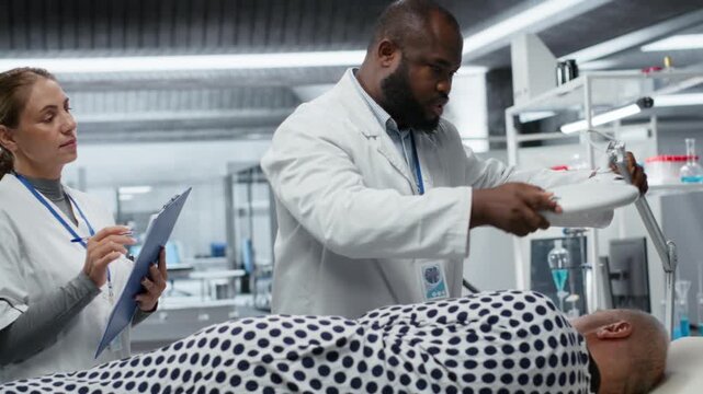 Researcher uses magnifying glass in a clinical trial evaluating patient health during drug testing, observing dosage reactions. Studying outcomes for discovery and progress in science. Camera B.