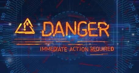 HUD displaying icon with DANGER and IMMEDIATE ACTION REQUIRED on grid with scan line glitches