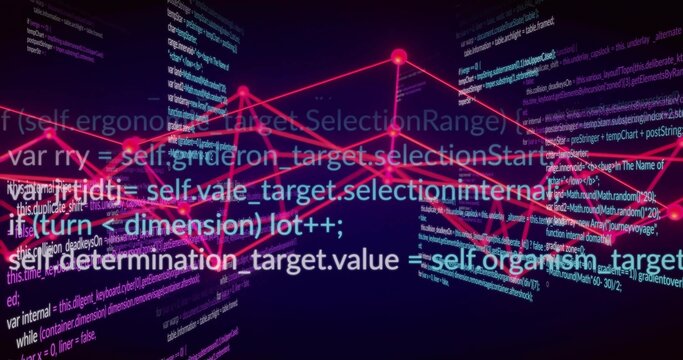 Displaying glowing magenta network graph forming 3D data flow in data space, with code panels