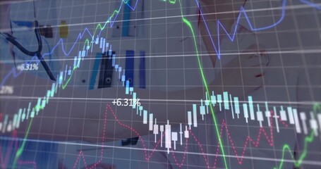 Displaying candlestick and line charts overlaying wooden desk, with eyeglasses, spreadsheets, phone