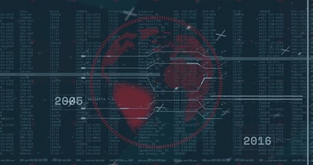 Displaying red globe with hex overlays on control panel, error codes, year markers 2005 and 2016