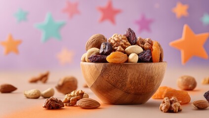 A wooden bowl brimming with a mix of dried fruits and nuts sits on a table against a blurred background of pastel stars.  A few nuts and fruits are scattered around the bowl