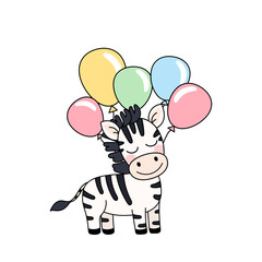 Adorable zebra holding colorful balloons perfect for kids illustrations, nursery posters, greeting cards and baby room decor