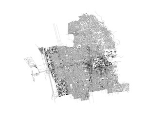 Fototapeta premium Monochrome map of Berkeley showing highways, roads, and building footprints — ideal for urban planning, architectural visualization, or geographic design projects.